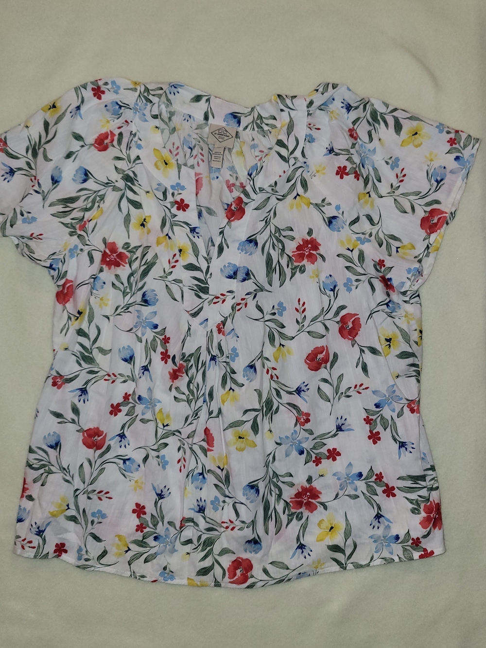 St. John's Bay White Floral V-Neck Blouse with Red, Yellow & Blue Flowers